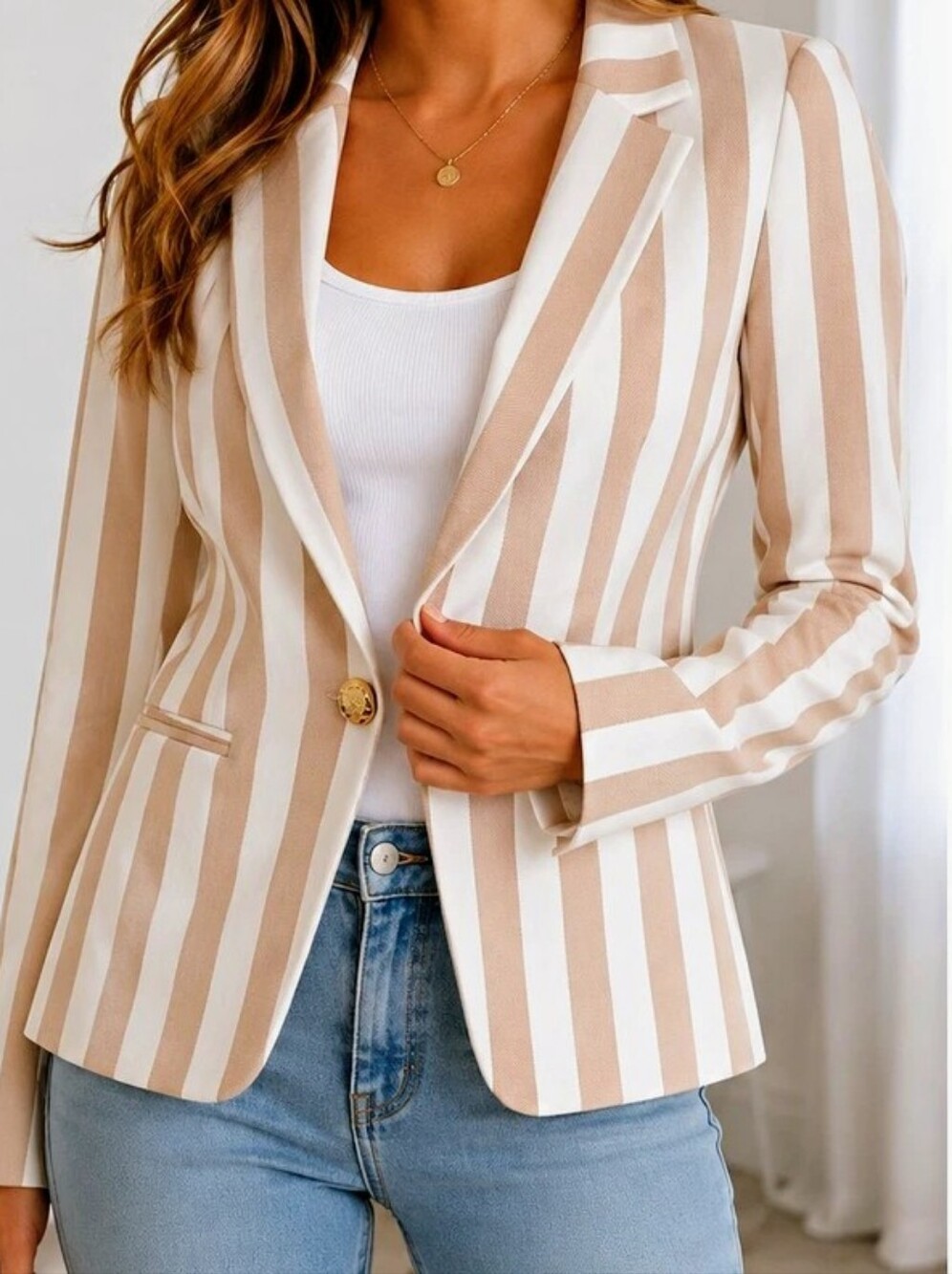 NWT NYCC Tan and White Striped Single-Button Blazer